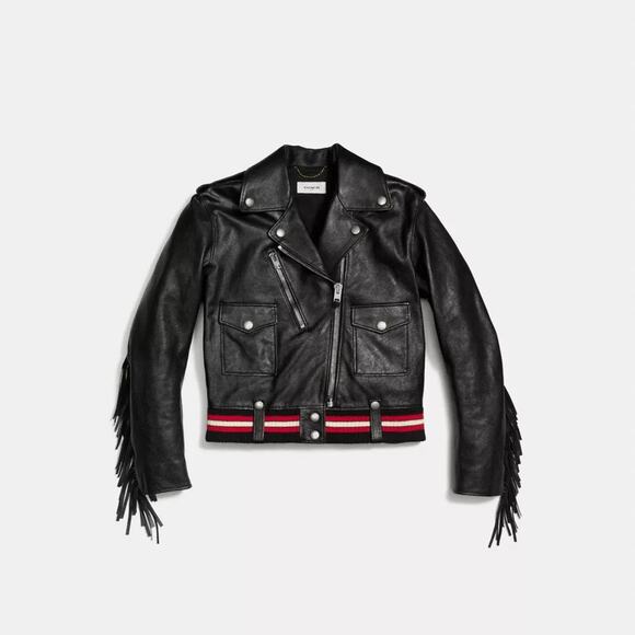 Coach 1941 Jackets & Blazers - Coach 1941 Women’s XS/2 Black 100% Calf Leather Biker Moto Jacket Striped Fringe